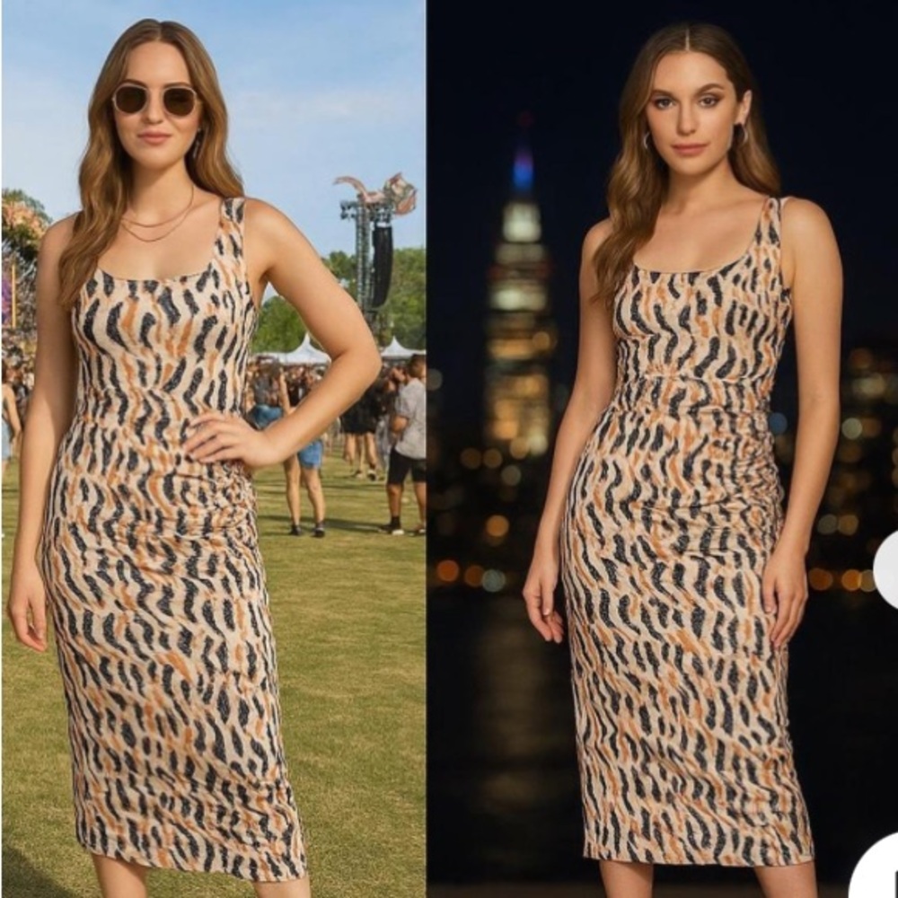 House of Harlow 1960 Beige Black and Tan Animal Print Midi Dress